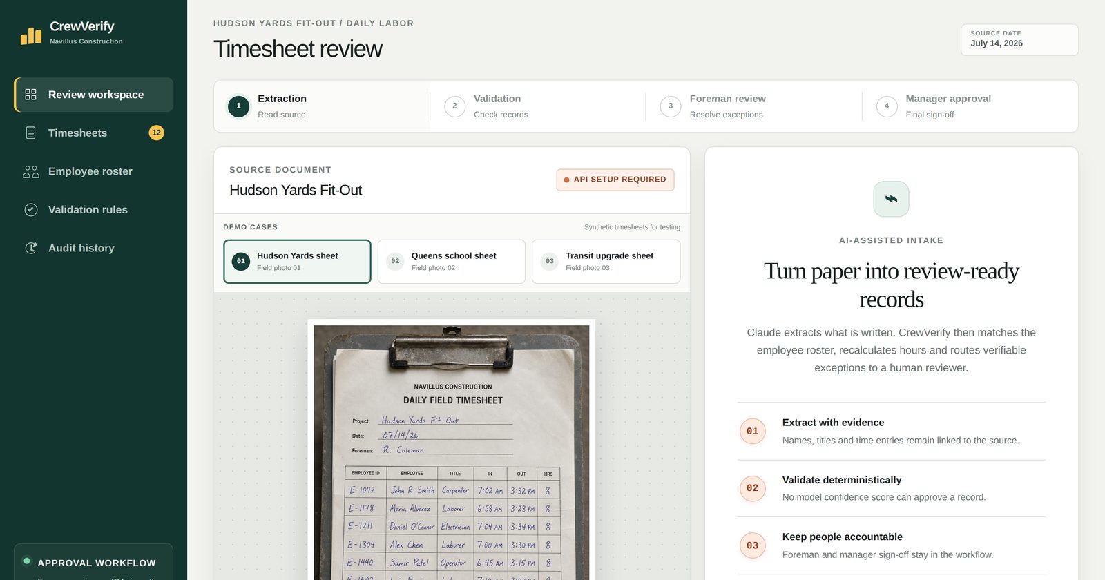CrewVerify review workspace with a photographed timesheet loaded and the four-stage progress indicator