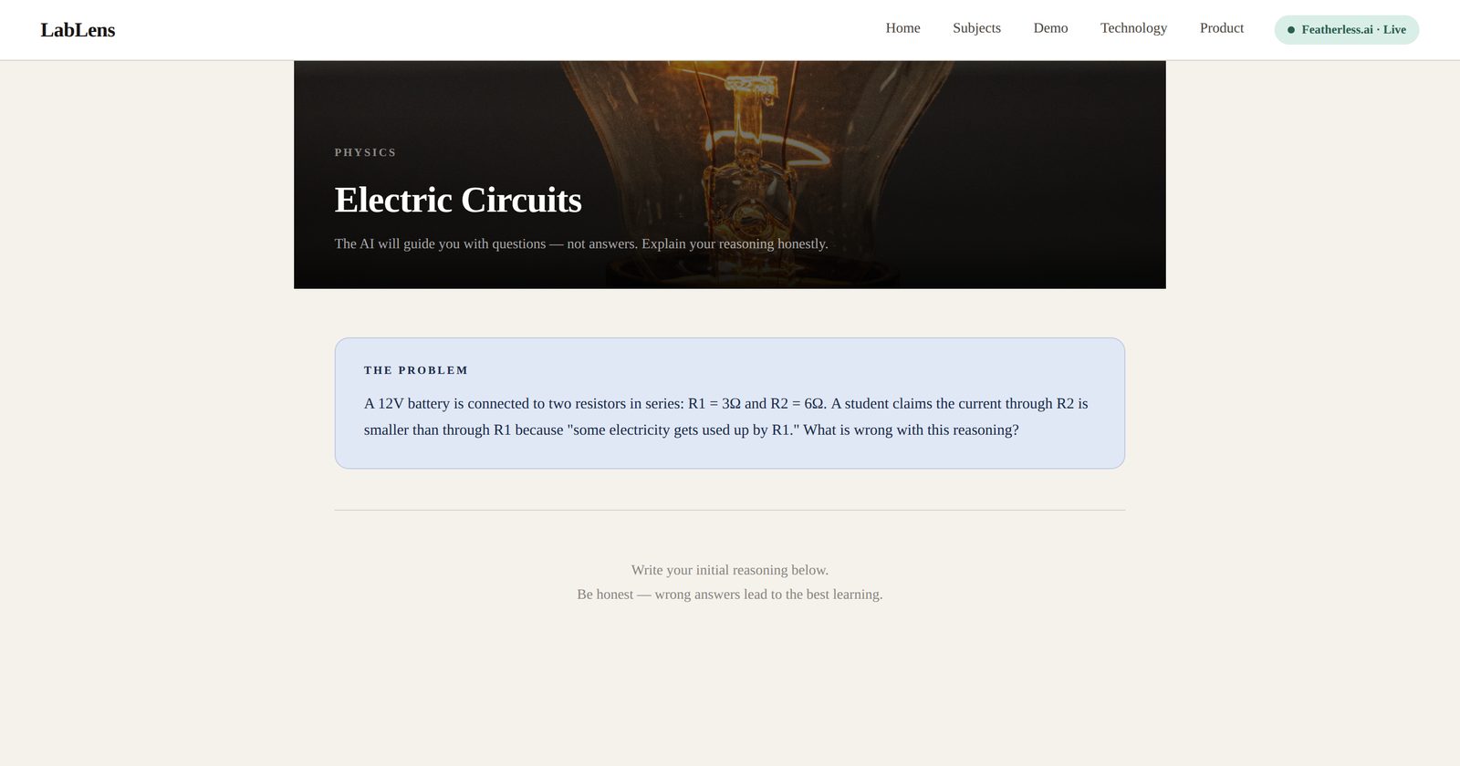 LabLens circuits mini-lab before submission, with the problem statement and reasoning composer