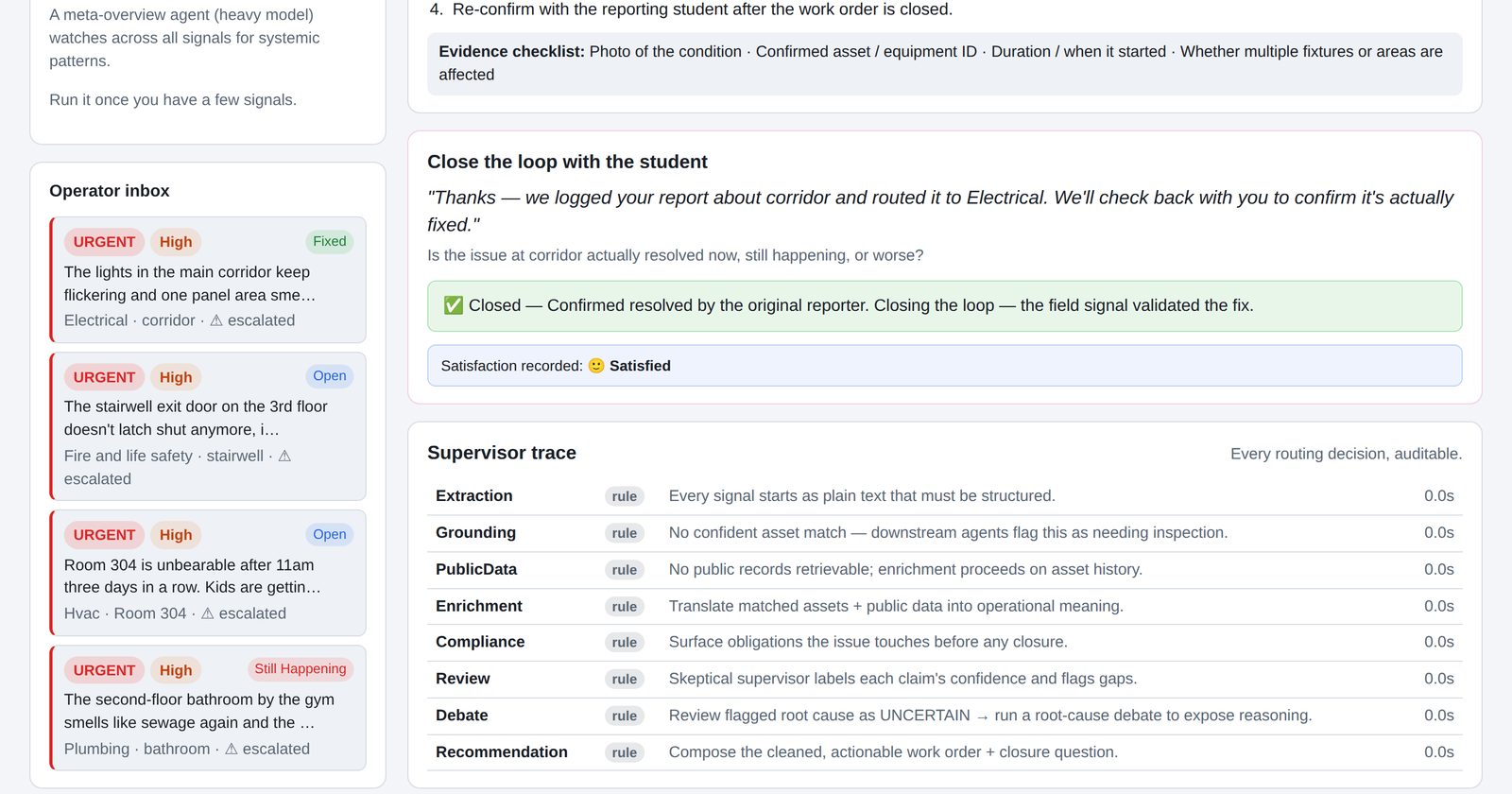 Verification loop showing a work order closed after the original reporter confirmed the repair